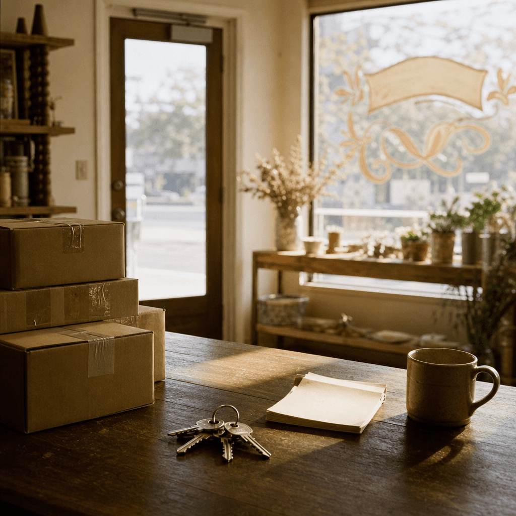 The counter of a newly opened business in early morning light: taped-up boxes, a ring of new keys, a paper order pad and a mug.